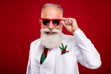 Sticker - Photo of cool old white hair good man wear spectacles white jacket isolated on red color background