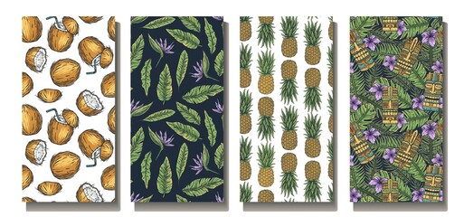 Poster - Tropical plants and tiki mask. Exotic coconut and pineapple for summer surfing background. Tropical set of seamless patterns with coco cocktail, ethnic face and flowers for surf hawaii beach party