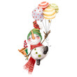 Cute flying snowman with balloons and Christmas bell in a scarf