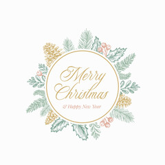 Wall Mural - Merry Christmas Abstract Green Foliage Card with Circle Frame Banner and Cute Typography. Gentle Colors Greetings Label or Sticker Layout. Isolated