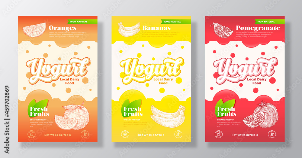 Yogurt Label Example Fruits and Berries Yogurt Label Templates Set. Abstract Vector Dairy ...