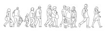One Line Drawing Of Urban Residents Walking On City Street. Group Of Different People Walking City Background. Casual Townspeople Crosses The Road In One Way Hand Drawn Vector Illustration