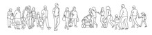 One Line Drawing Of Urban Residents Walking On City Street. Group Of Different People Walking City Background. Casual Townspeople Crosses The Road In One Way Hand Drawn Vector Illustration