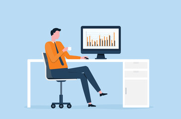 Aufkleber - Flat Business people working on computer concept and business people analytics and monitoring investment and finance report graph on monitor concept