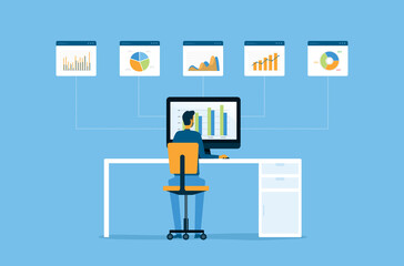 Fototapete - Flat vector business man working online and business data analytic on graph report monitor and finance investment planning concept
