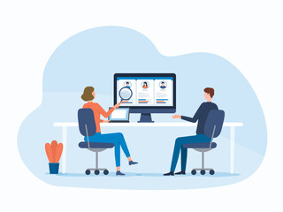 Poster - business people team meeting and research resume Profile for job interview and hiring. With flat vector illustration cartoon character design concept