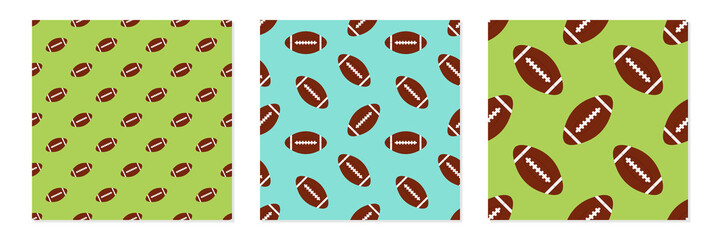 Wall Mural - Set, collection of three vector seamless pattern backgrounds with american football balls icons, symbols for sport design.