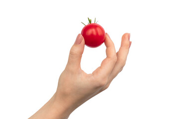 Poster - Fresh cherry tomatoes in hand isolated on a white background photo