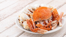 Steamed Crabs In White Ceramic Plate On White Old Wood Texture Background With Copy Space For Text, Blue Swimming Crab, Flower Crab, Blue Crab