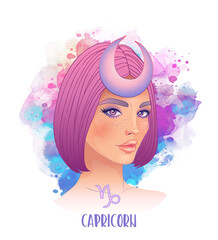 Wall Mural - Capricorn astrological sign as a beautiful girl. Vector illustration over watercolor background isolated on white. Future telling, horoscope. Fashion woman zodiac set.