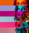 Collage of cropped male and female faces, eyes placed on the right narrow stripes in neon lights isolated over multicolored backgrounds
