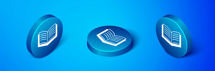 Poster - Isometric Open book icon isolated on blue background. Blue circle button. Vector