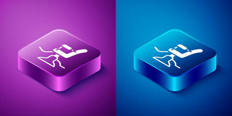 Sticker - Isometric Barbershop chair icon isolated on blue and purple background. Barber armchair sign. Square button. Vector