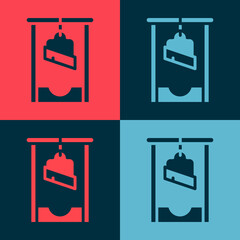 Sticker - Pop art Guillotine medieval execution icon isolated on color background. Vector