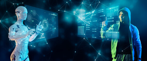 Programmer hacker robot AI chatbot computer cybersecurity cyber crime hacking, internet digital technology metaverse data cyber security crypto coin gameFi NFT game concept.