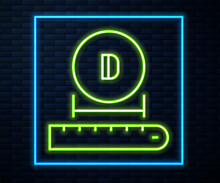 Glowing Neon Line Diameter Icon Isolated On Brick Wall Background. Vector