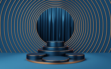 Wall Mural - 4 Empty blue and black cylinder podium with copper border on gold circle arch and curtain background. Abstract minimal studio 3d geometric shape object. Pedestal mockup space for display. 3d render.