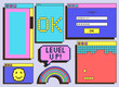 © Rudzhan - Set of vintage retrowave UI and UX graphic colorful computer windows on grey background. Dialog box, tab, button, modal window as a part of retro computer interface. Flat cartoon vector illustration