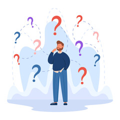 Wall Mural - Confused business character making important decision. Man with questions, different options, making choice flat vector illustration. Goal, success, strategy concept for banner, website design