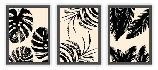 Wall Mural - set of three abstract minimalist aesthetic floral templates on light beige background. black silhoue