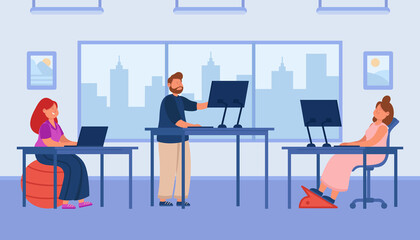 Wall Mural - Cartoon employees working at computers in office open space. Women sitting at desks, man standing flat vector illustration. Furniture, workplace concept for banner, website design or landing web page