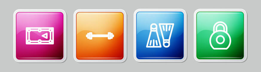 Sticker - Set line Billiard table, Barbell, Rubber flippers for swimming and Kettlebell. Colorful square button. Vector