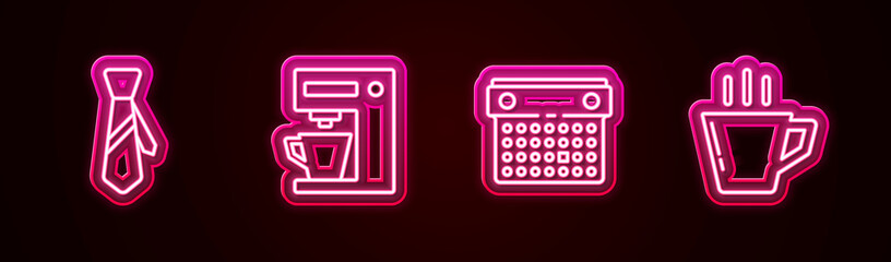 Sticker - Set line Tie, Coffee machine, Calendar and cup. Glowing neon icon. Vector