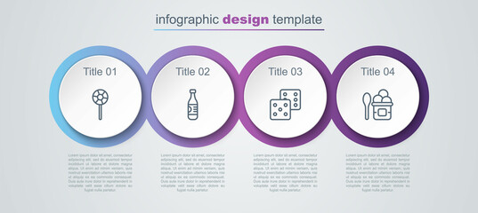 Sticker - Set line Lollipop, Bottle of water, Game dice and Ice cream in bowl. Business infographic template. Vector