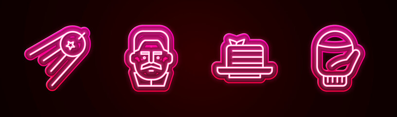 Sticker - Set line Satellite, Joseph Stalin, Medovik and Christmas mitten. Glowing neon icon. Vector