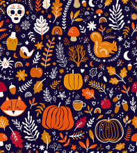 Autumn Seamless Pattern With Pumpkins, Leaves, Animals And Halloween Symbols