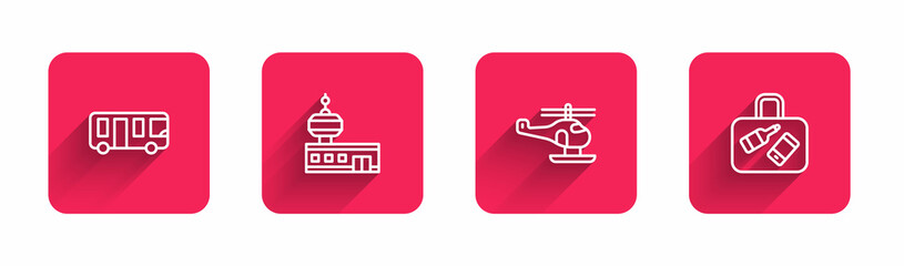 Canvas Print - Set line Airport bus, control tower, Helicopter and Suitcase with long shadow. Red square button. Vector