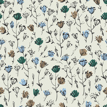 Seamless Pattern With Hand Drawn Meadow Flowers In Ditsy Style. Colorful Illustrations On White Background For Surface Design And Other Design Projects