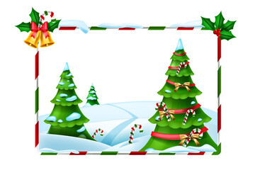 Christmas holiday vector frame, New Year winter background, forest view, decorated x-mas tree. Celebration festive framework, snowdrift, candy cane, golden bell. Christmas striped cartoon frame