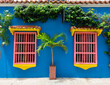 View of a colorful facade of a colonial house in the streets of Cartagena de Indias, Colombia