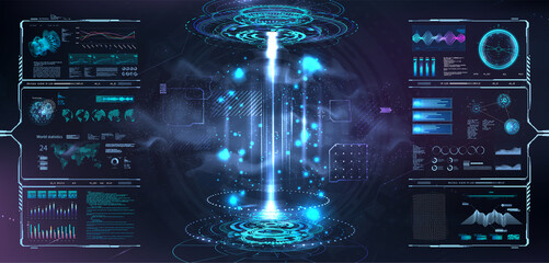 Wall Mural - 3D lab with circle portal or hologram blank with HUD interface for UI, UX, Web presentation. Futuristic technology screen.Lab with stage or podium for show product in Cyberpunk style with HUD. Vector