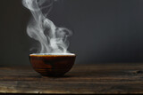 Fototapeta Panele - bowl of hot soup with steaming on wooden table on black background