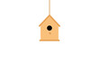 Cartoon drawing of wooden bird house hanging from a rope, vector illustration
