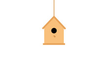 Cartoon Drawing Of Wooden Bird House Hanging From A Rope, Vector Illustration