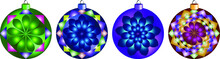 Set Of Christmas Balls With Kaleidoscope Pattern, Christmas Tree Decoration For Christmas, Isolated On White Background