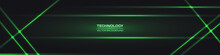 Black Wide Abstract Tech Horizontal Vector Background With Green Neon Lines. Technology Banner With Green Luminous Lines. Futuristic Technological Modern Background.
