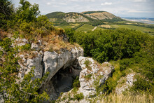 Klentnice, South Moravia, Czech Republic, 05 July 2021:  ruins of medieval Orphan's castle or Sirotci hradek, St. Jacob's Way at sunny summer day, gothic fortress, stronghold on hill, Palava region