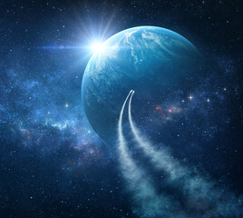spaceships traveling into deep space, exploring galaxies and universe. space probes passing through 