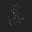 Hair extensions logo with gold color. Elegant silhouette of a girl with long hair on a black background