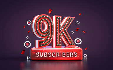 9k subscribers celebration. Nine thousand followers social media congratulation card 3d render
