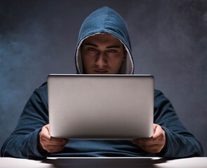 computer hacker working in dark room