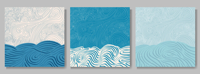 Vector illustration. Abstract landscape background. Hand drawn line pattern design. Geometric template. Ornamental web banner design. Vintage art. 70s, 80s retro vintage graphic. Water waves, seascape