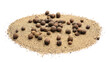 Heap of allspice powder and peppercorns on white background