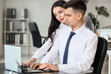 Poster - Beautiful young secretary seducing her boss in office. Concept of harassment