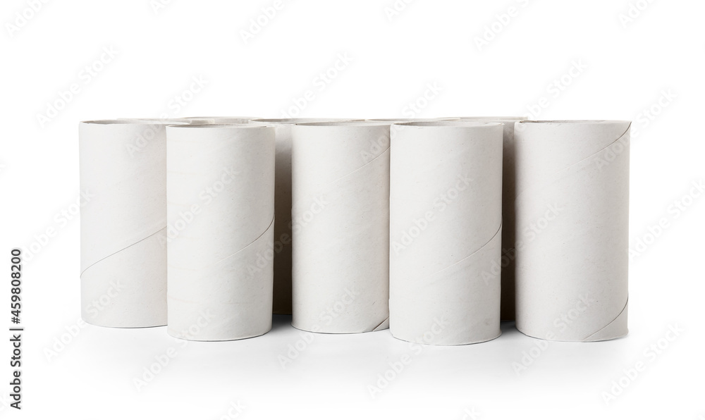 Empty toilet paper cardboard tubes on white background