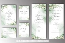 Set Of Elegant Watercolor Foliage Wedding Invitation Card